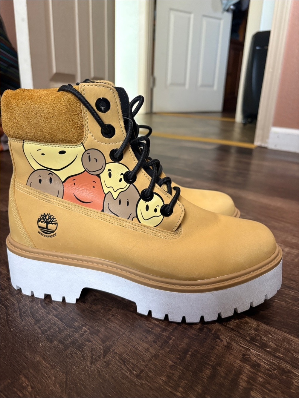 Timberland Tan Platform Lace-Up Boots with Multicolor Smiley Faces